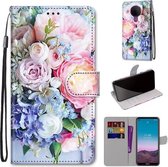 Voor Nokia 5.4 Gekleurde Tekening Cross Textuur Horizontale Flip PU Lederen Case met Houder & Kaartsleuven & Portemonnee & Lanyard (Lichtroze Boeket)