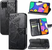 Voor Samsung Galaxy F62 Vlinder Liefde Bloemen Reliëf Horizontale Flip Lederen Case met Houder & Kaartsleuven & Portemonnee & Lanyard (Zwart)