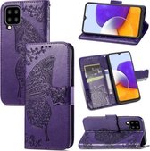 Voor Samsung Galaxy A22 5G Vlinder Liefde Bloemen Reliëf Horizontale Flip Lederen Case met Houder & Kaartsleuven & Portemonnee & Lanyard (Donkerpaars)