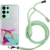 Voor Samsung Galaxy S21 Ultra 5G hol marmerpatroon TPU schokbestendig beschermhoes met nekriem touw (groen)