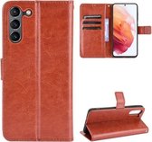 Voor Samsung Galaxy S21 FE Crazy Horse Texture Horizontale Flip Leren Case met Houder & Kaartsleuven & Lanyard (Bruin)