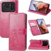 Voor xiaomi mi 11 ultra vierbladige gesp reliëf gesp mobiele telefoon bescherming lederen tas met lanyard & kaartsleuf & portemonnee & beugel functie (rose rood)