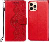 Flower Vine Embossing Pattern Horizontale Flip Leather Case met Card Slot & Holder & Wallet & Lanyard Voor iPhone 12/12 Pro (Red)