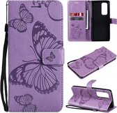 Voor OPPO Reno5 Pro + 5G / Find X3 Neo Pressed Printing Butterfly Pattern Horizontale Flip PU lederen tas met houder & kaartsleuven & portemonnee & lanyard (paars)