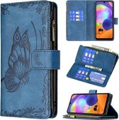 Voor Samsung Galaxy A31 Flying Butterfly Embossing Pattern Rits Horizontale Flip Leather Case met houder & kaartsleuven & portemonnee (blauw)