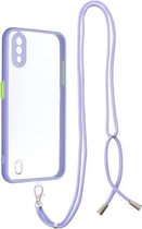 Voor Samsung Galaxy A01 Transparante pc + TPU-telefoonhoes met knop in contrastkleur en nekkoord (paars)