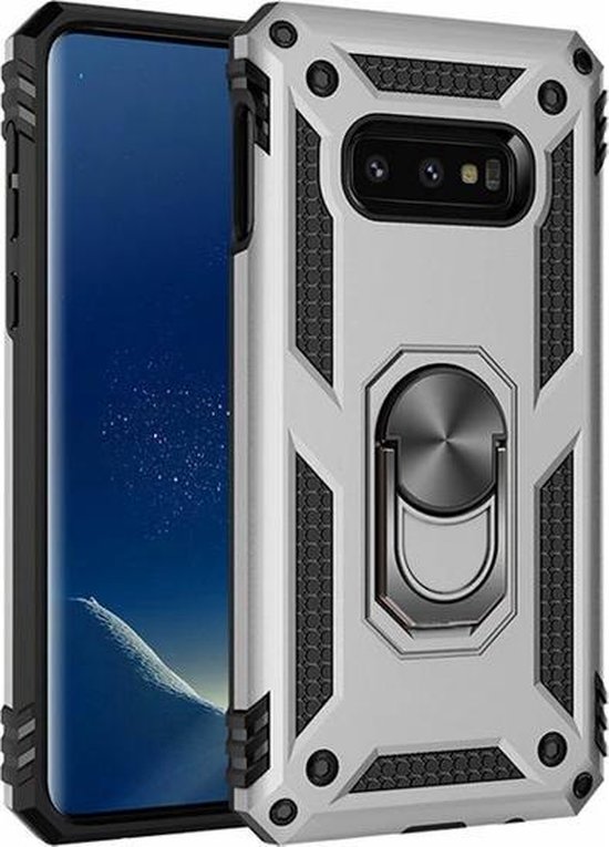 Stevige Magnetische Anti shock ring Geschikt voor Samsung Galaxy S10E back cover case- schokbestendig-TPU met stand Zilver