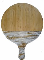 Serveerplank epoxy - Wit goud marmer - Luxe kaasplank - Handgemaakt - Ronde snijplank - Bamboe snijplank - Decoratief dienblad met epoxy giethars
