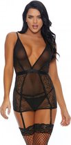 A Sheer Thing Chemise with Garter Straps and Panty - Black XL