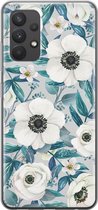 Samsung Galaxy A32 4G hoesje siliconen - Witte bloemen - Soft Case Telefoonhoesje - Bloemen - Blauw