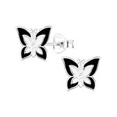 Joy|S - Zilveren vlinder oorbellen - 6 x 8 mm - zwart wit