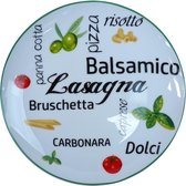 12 x bord 18 cm - dessertbord - gebaksbord - set van 12 stuks - aardewerk - wit met opschrift lasagna en meer - italiaanse stijl