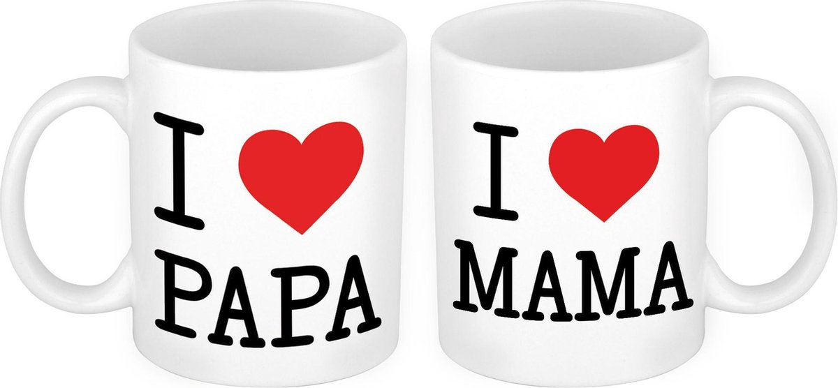 Love papa en mama met hartje mok - Cadeau beker set voor Papa en Mama - Moederdag en Vaderdag cadeautje