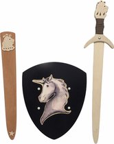 houtenzwaard met schede leeuw en Schild eenhoorn unicorn kinderzwaard ridderzwaard ridderschild ridder