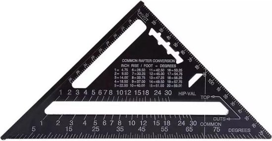 Omnium - Carré - Driehoek métrique - Speed Square - Crochet d'écriture - Crochet de bloc - Crochet à onglet - Triangle de mesure 5 en 1 - Zwart