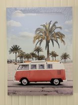 Fleurige canvas met rode retro bus