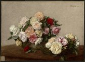 Kunst: Roses in a bowl and dish 1885 van Henri Fantin-Latour . Schilderij op canvas, formaat is 45x100 CM