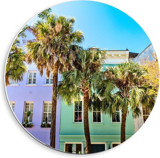 Forex Wandcirkel - Palmbomen bij Gekleurde Huisjes - 40x40cm Foto op Wandcirkel (met ophangsysteem)