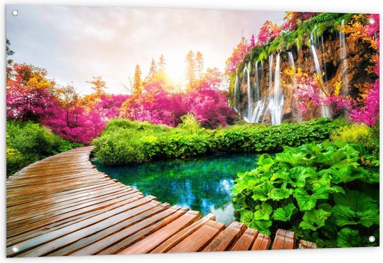 Tuinposter – Brug om Mooie Waterval - 120x80cm Foto op Tuinposter  (wanddecoratie voor buiten en binnen)