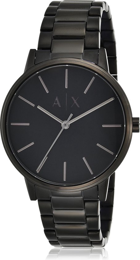 Zwart Armani Exchange herenhorloge met ronde wijzerplaat en metalen band.