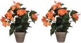 2x stuks hibiscus kunstplanten oranje in keramieken pot H40 x D30 cm cm - Kunstplanten/nepplanten met bloemen