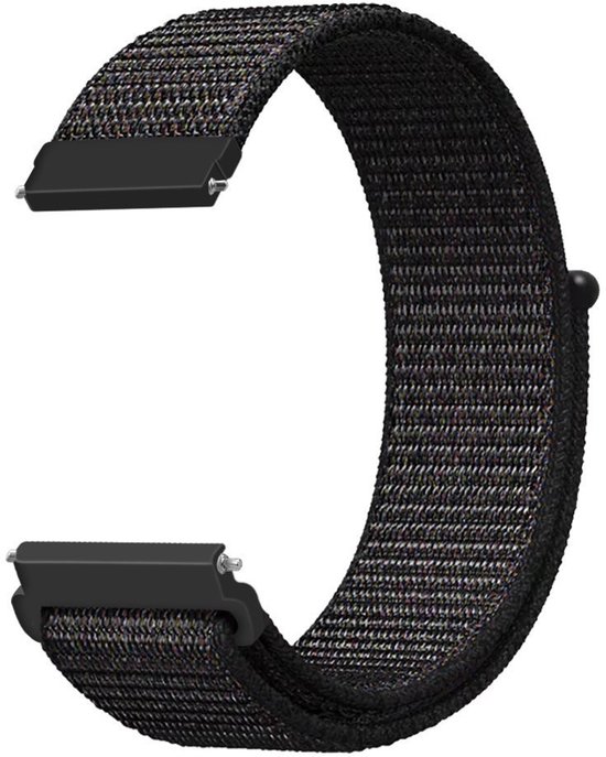 Zwart nylon horlogebandje met een subtiele mix van kleuren en snelsluitingen voor een 22mm aansluiting.