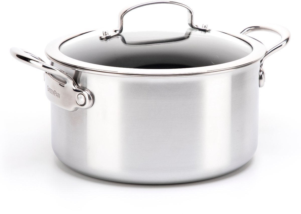 GreenPan Barcelona Evershine Kookpan 18cm - 2.1L - PFAS-vrije antikleeflaag - Inductie kookpan - Keramische pan - Ovenbestendig tot 220°C - Glazen deksel - Zilver
