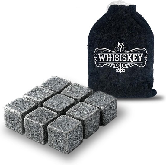 Whisiskey® Luxe Whiskey Stones Set - 9 stuks - Natuursteen Whiskey Stenen Voor Glazen - IJsblokjes - Fluwelen Opbergzak - Herbruikbare IJsblokjes - IJklontjes Steen - Ice Cube - Drank Koeler - Cadeau voor Man & Vrouw Whisiskey® Luxe Whiskey Stones Set - 9 stuks - Natuursteen Whiskey Stenen Voor Glazen - IJsblokjes - Fluwelen Opbergzak - Herbruikbare IJsblokjes - IJklontjes Steen - Ice Cube - Drank Koeler - Cadeau voor Man & Vrouw