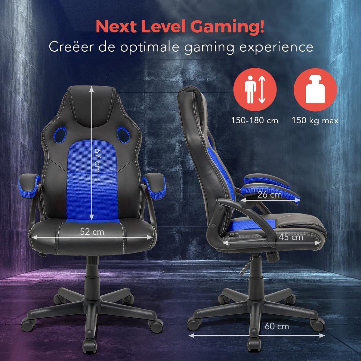 Afbeelding 2 van LifeGoods Gaming Stoel - Gamestoel - Verstelbaar - Gaming Chair - Kunstleer - Blauw/Zwart