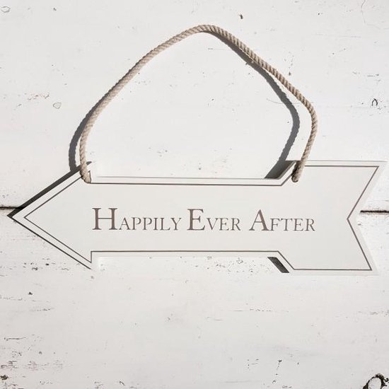 Houten pijl aan een touw met de tekst Happily Ever After - huwelijk - trouwen - decoratie - tekst bord