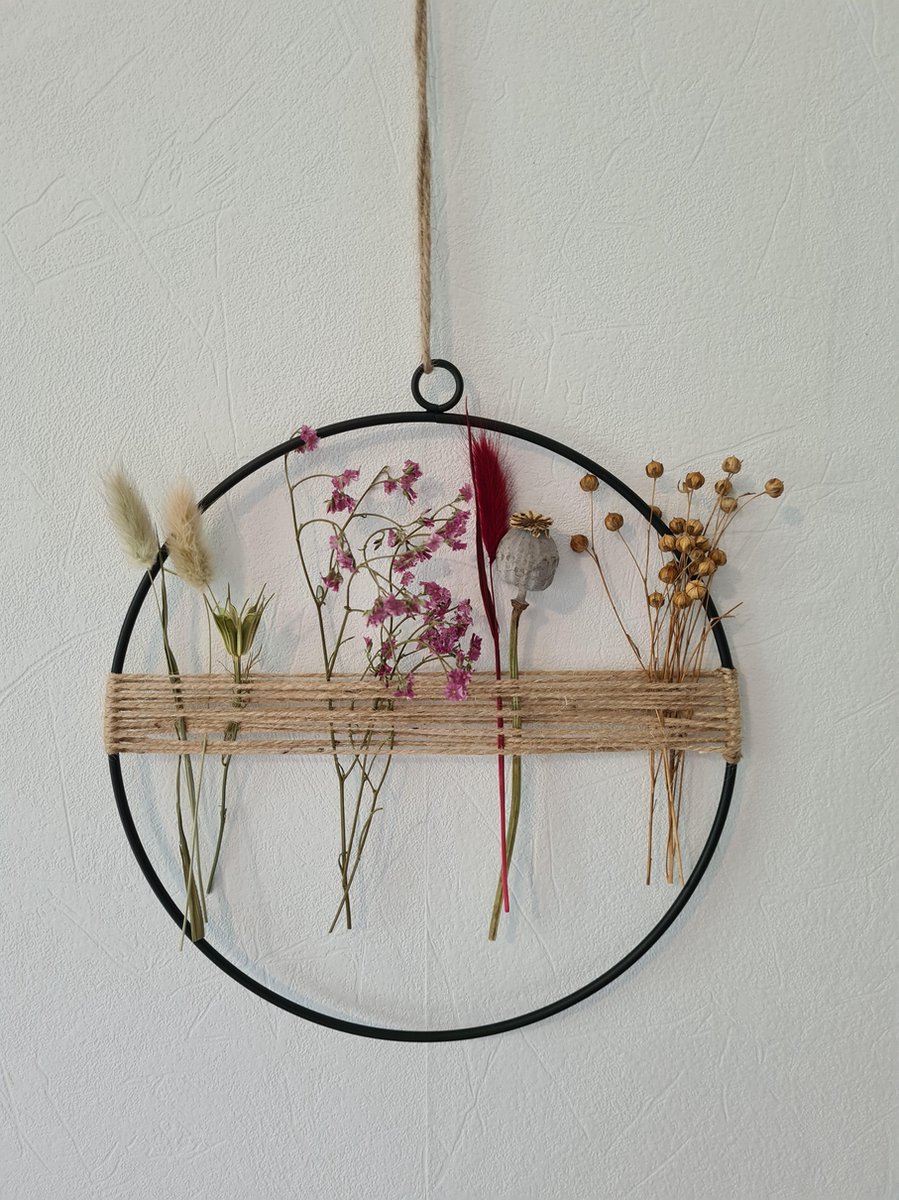 Decoratie ring krans met droogbloemen bloemenkrans 25cm rose en paars