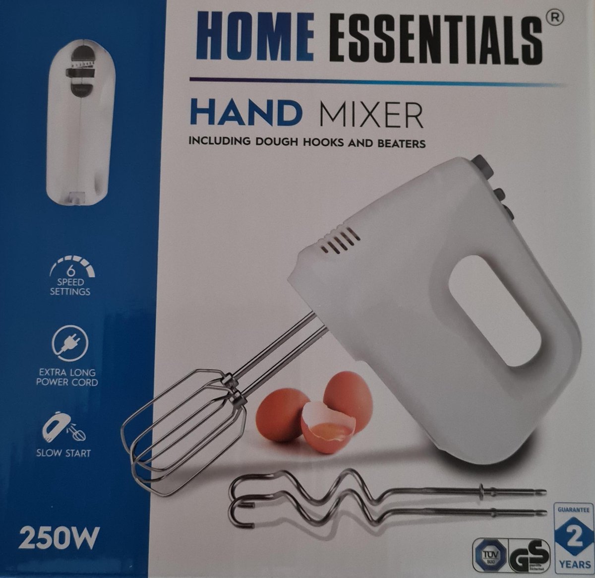 Home Essentials Handmixer - 250W - Extra lange snoer - 6 snelheden - Inclusief gardes en deeghaken - Wit - Trusted Sellers