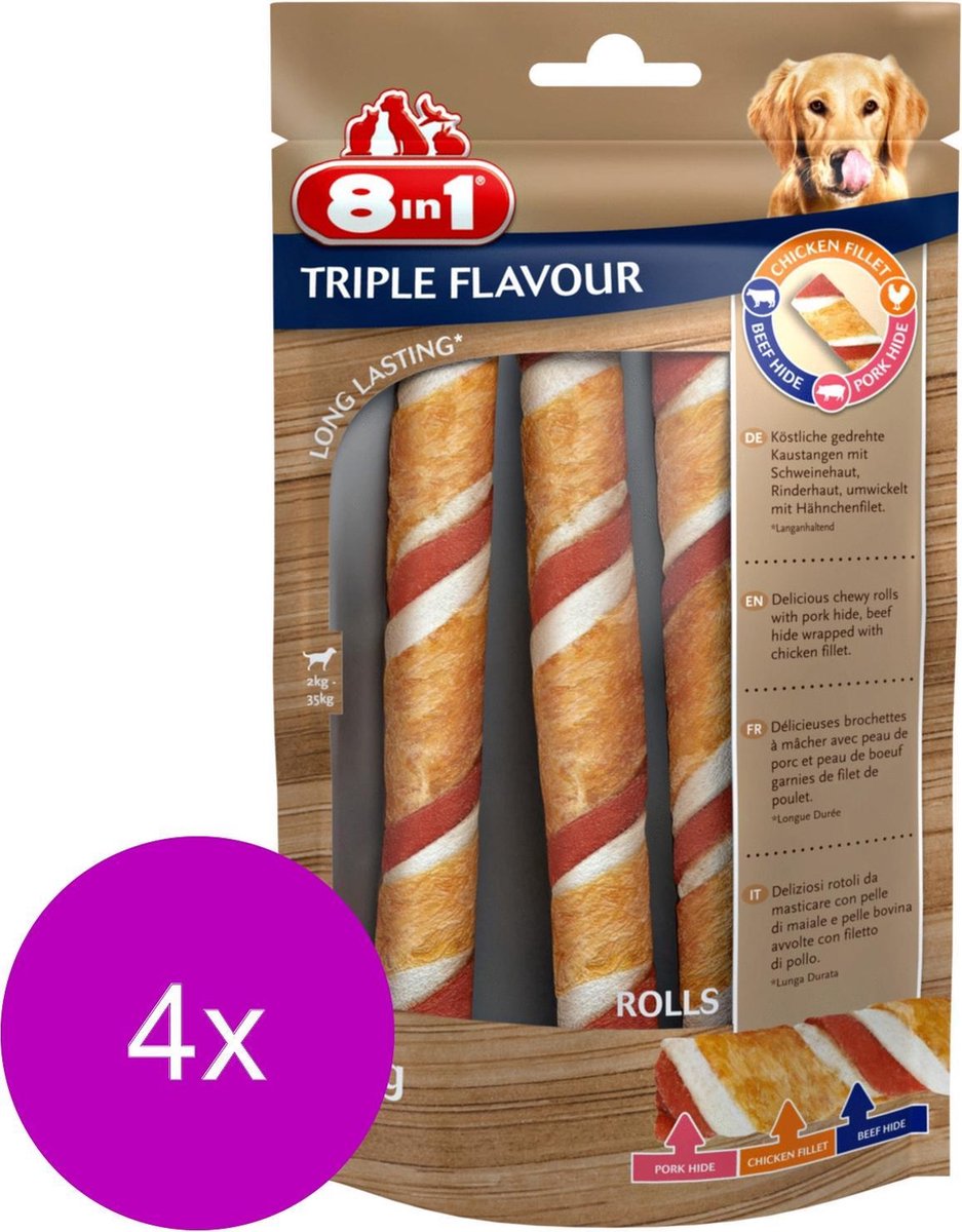 8in1 Triple Flavour Rolls - Hondensnacks - 4 x Varken Kip Rund 113 g 3 stuks