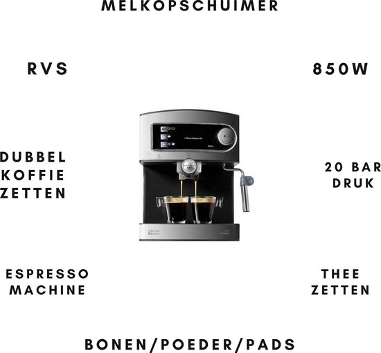 Huis Prediken Spreek uit Koffiemachine Koffiezetapparaat Koffie Espressomachine 850W - 2 Koppen -  1,5L - 20 Bar... | bol.com