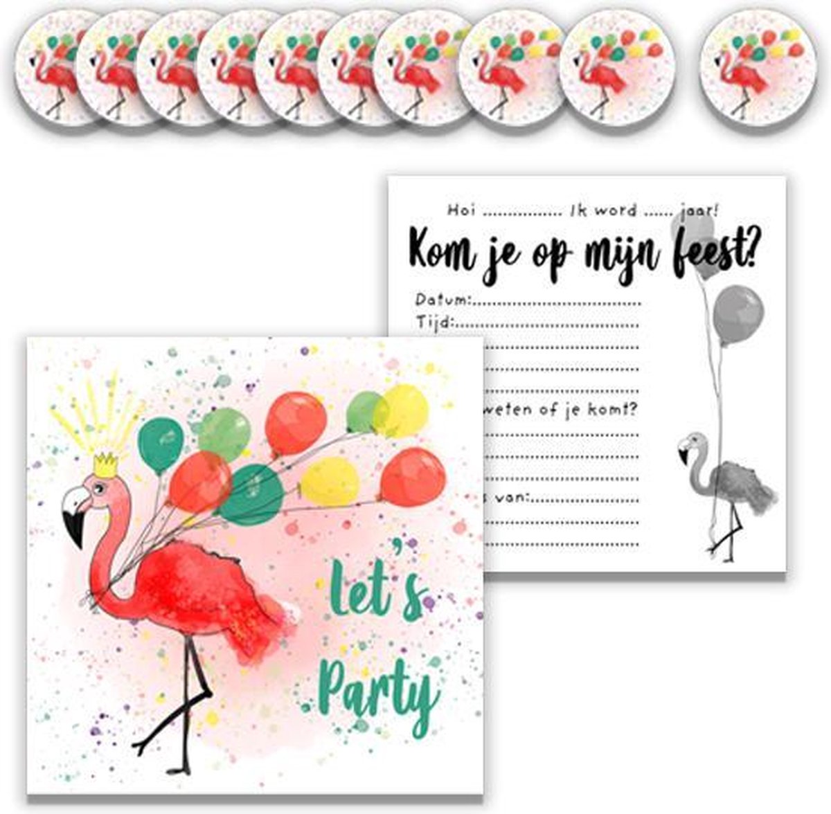 uitnodiging kinderfeest - uitnodiging kinderfeestje meisje - flamingo - invulkaart - uitnodiging kinderfeestje flamingo - uitnodigingskaarten - zomerfeest - stickers - 10 stuks