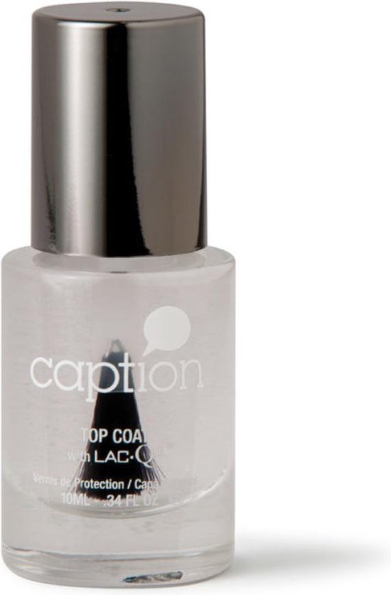 Caption top coat nagellak, met zilverkleurige dop en kwastje.