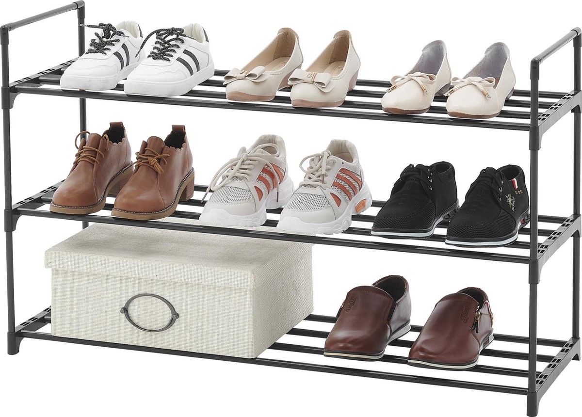 ACAZA Praktisch Schoenenrek met 3 Lagen voor 12 Paar Schoenen - Metaal / Kunststof - Zwart
