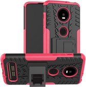 Bandentextuur TPU + PC schokbestendig telefoonhoesje voor Motorola Moto Z4 Play (met vingerafdrukgat), met houder (roze)