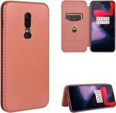 Voor OnePlus 6 Carbon Fiber Texture Magnetische Horizontale Flip TPU + PC + PU lederen hoes met kaartsleuf (bruin)