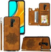 Voor Xiaomi Redmi 9 Mandala reliëf PU + TPU-hoesje met houder en kaartsleuven en fotolijst en riem (bruin)