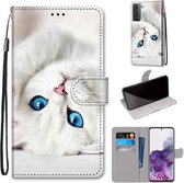 Voor Samsung Galaxy S21 + 5G Gekleurde Tekening Cross Textuur Horizontale Flip PU Lederen Case met Houder & Kaartsleuven & Portemonnee & Lanyard (Wit Kitten)