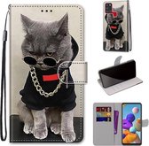 Voor Samsung Galaxy A21s Gekleurde tekening Cross Texture Horizontale Flip PU lederen tas met houder & kaartsleuven & portemonnee & lanyard (Golden Chain Grey Cat)