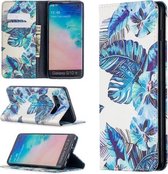 Voor Samsung Galaxy S10 Plus gekleurde tekening patroon onzichtbare magnetische horizontale flip PU lederen tas met houder & kaartsleuven & portemonnee (blauwe bladeren)
