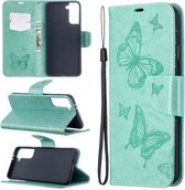 Voor Samsung Galaxy S21 + 5G Embossing Twee Vlinders Patroon Horizontale Flip PU Lederen Case met Houder & Kaartsleuf & Portemonnee & Lanyard (Groen)