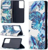 Voor Samsung Galaxy S20 Ultra gekleurde tekening patroon onzichtbare magnetische horizontale flip PU lederen tas met houder & kaartsleuven & portemonnee (blauwe bladeren)