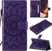 Voor Samsung Galaxy Note20 Ultra Reliëf Zonnebloem Patroon Horizontale Flip PU Leren Case met Houder & Kaartsleuven & Portemonnee & Lanyard (Paars)