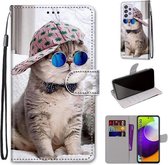 Voor Samsung Galaxy A52 5G Gekleurde Tekening Cross Textuur Horizontale Flip PU Lederen Case met Houder & Kaartsleuven & Portemonnee & Lanyard (Slant Hat Blue Mirror Cat)
