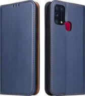 Voor Samsung Galaxy M31 Fierre Shann PU lederen textuur horizontale flip case met houder & kaartsleuven & portemonnee (blauw)