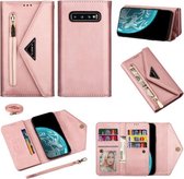 Voor Samsung Galaxy S10 Skin Feel Rits Horizontale Flip Leren Case met Houder & Kaartsleuven & Fotolijst & Lanyard & Lang Touw (Rose Goud)