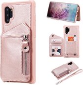 Voor Galaxy Note 10 Plus Dubbele gespen Rits Schokbestendige achterkant Beschermhoes met houder & kaartsleuven & portemonnee & lanyard & fotolijsten (roségoud)